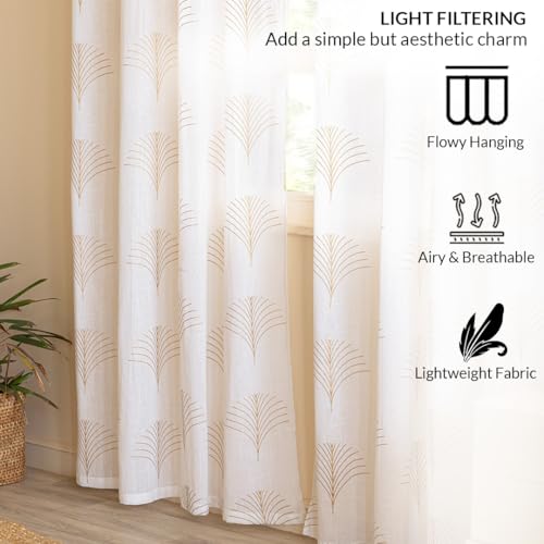 Image of HOMEMONDE Sheer Cotton Curtains 9 Feet Long Door - Luxury Gold Printed Single Piece Transparent Curtain, Hang with Rod Pocket Light Filtering Drapes - 108 Inches