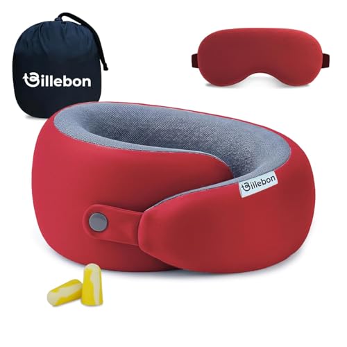 Image of Billebon Ultrasoft Memory Foam Neck Pillow for Travel, Lightweight Comfortable & Breathable Cover, Airplane Travel Pillow Combo with Premium Eye Mask and Carry Bag. (Red)
