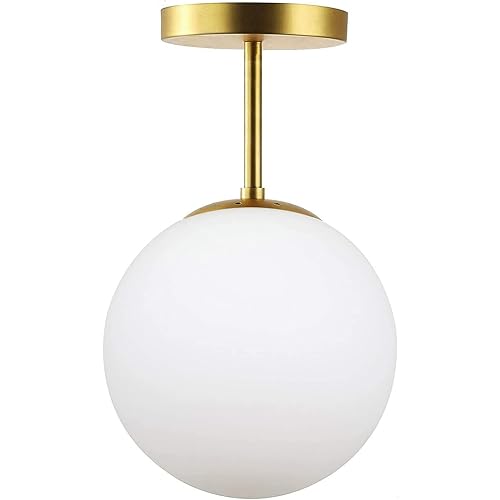 Mid Century Modern Globe Semi Flush Mount Ceiling Light Fixture Frosted Glass with Gold Brass Finish,1-Light Sphere Glass Pendant Lights for Aisle Porch Stairway Closet Kitchen Laundry Room(Bulb Incl)