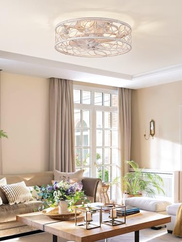 LEDIARY Caged Ceiling Fans with Lights, White Flush Mount Ceiling Fan with Remote, Small Low Profile Bladeless Ceiling Fan Light Fixture for Bedroom, Kitchen, Dining Room-White Gold Color