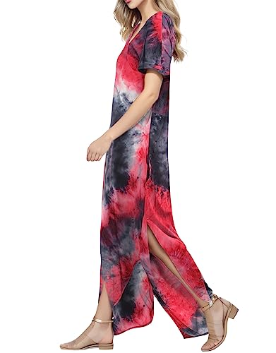 Image of Match Women's V-Neck Casual Loose Short Sleeve Long T-Shirt Dress Split Maxi Dress with Side Pocket
