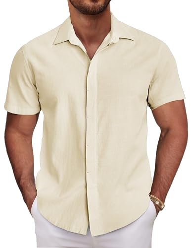 COOFANDY Mens Linen Short Sleeve Shirts Casual Button Down Shirt Lightweight Rextured Shirts Summer Beach Beige