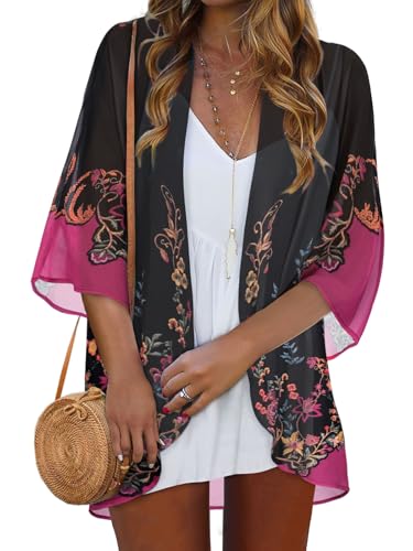 Kimonos for Women Shirts Cardigans Cruise Outfits (Floral Print Black,M)