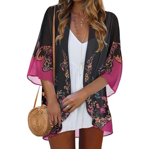 Kimono for Womens Shirts Dressy Casual Chiffon Lightweight Cardigan Vacation Cruise Outfits(Floral Print Black,S)