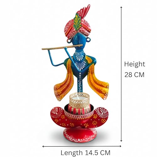 Image of Decorative Handcrafted Multicolor Metal Krishna Tea Light Holder for Home Decoration and Krishna Idol for Gift