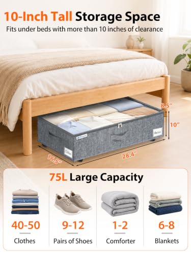 Image of punemi 10 inch Tall 75L Under Bed Storage Bins with Wheels, 2-Pack, Gray | 5-Wheel Rolling Organizers with Clear Lids, for Clothes, Shoes and Blankets, Underbed, Closet & Dorm Organizataion