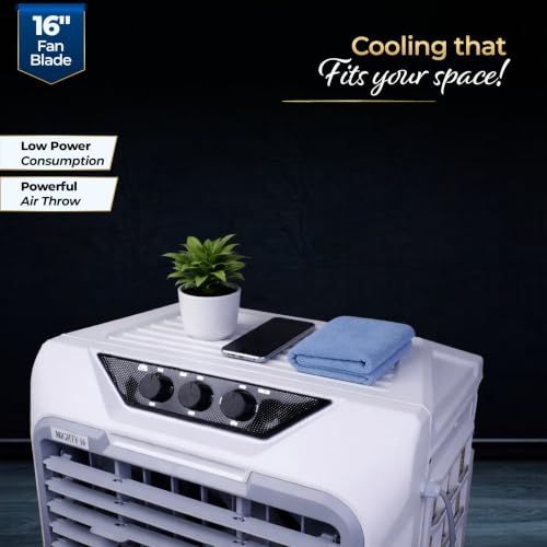 Image of Mighty 16 Desert Air Cooler | 16 Inch Special Bent-Edge Blade, 100L Tank, 5190 m /hr Air Delivery | Covers 350 Sq Ft | Honeycomb Pads, Aluminium Motor, Closed Louvers, Wheels | White & Grey