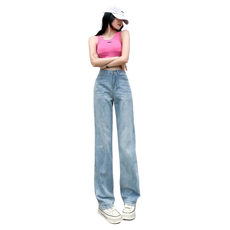 WESOKE® Light-Colored Straight-Leg, Wide-Leg Jeans for Women -Waisted Floor-Length Pants-image-1