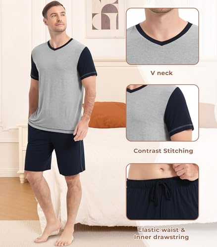 Image of NACHILA Men's Pajamas Set-Viscose Made from Bamboo, Short Sleeve Sleepwear with Shorts Cool Loungewear Soft Pjs