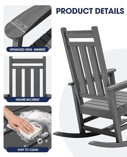 Image of KINGYES Oversized Outdoor Rocking Chair Set of 6, HDPE Patio Rockers, Gray