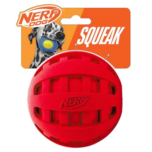 Nerf Dog Rubber Ball Dog Toy with Checkered Squeaker, Lightweight, Durable and Water Resistant, 4 Inch Diameter for Medium/Large Breeds, Single Unit, Red