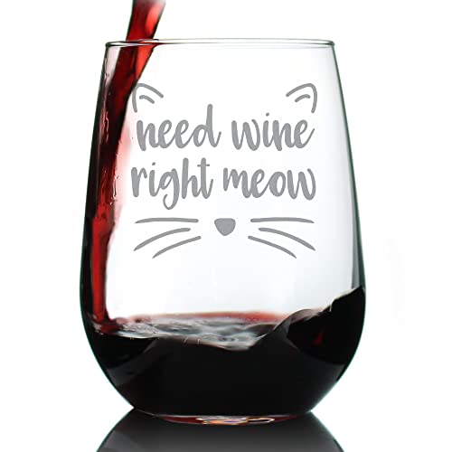 Need Wine Right Meow – Cute Funny Cat Stemless Wine Glass, Large 17 Ounces, Etched Sayings, Gift Box