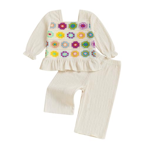 Smocked Baby Girl Clothes Toddler Fall Outfits Cotton Linen Bow Long Sleeve Smocked Tops Wide Leg Pants 2 Piece Sets