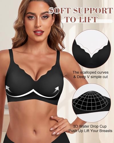 HORISUN Ohne Bügel BH für Damen, Nahtloser Bequemer V-Ausschnitt Vollständiger Bralette für Große Brüste mit Unterstützung Kein Bügel kabelloser Komfort Tshirt BHS (Schwarz 2XL)