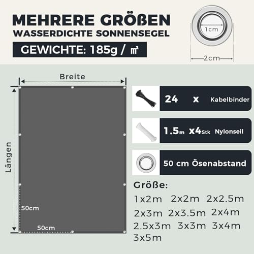 Voile d'ombrage imperméable 1x2m rectangulaire avec œillets - 6