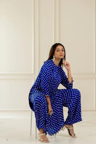 Image of LookMark Women Cotton Blend Bandhej Printed Bandhani Kurta Palazzo Set With Sequence Lace