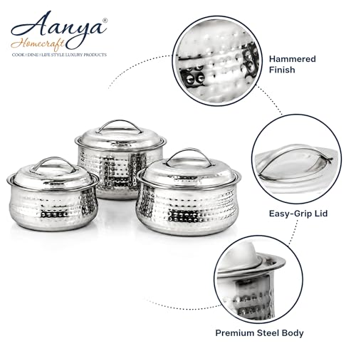 Image of Aanya Homecraft Stainless Steel Insulated Hotpot Set, Silver Serving Casserole for Roti, Rice, Curry & Food Storage, Home & Kitchen Serveware, Set of 3 Sizes