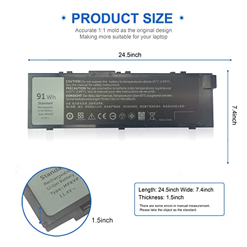 Image of 91Wh MFKVP T05W1 Battery for Dell Precision 15 7510 7520 M7510 17 7710 7720 M7710 Series, TO5W1 0TWCPG 451-BBSF 451-BBSB TWCPG GR5D3 0FNY7 1G9VM M28DH, 72Wh T05W1 11.1V / 91Wh MFKVP 11.4V