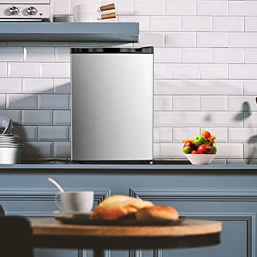 2.1 Cu.ft Small Upright Freezer, Compact Mini Freezer with Removable Shelves, Adjustable Thermostat, Reversible Door Hinge, Quiet for Home/Office/Kitchen/Dorm, Silver