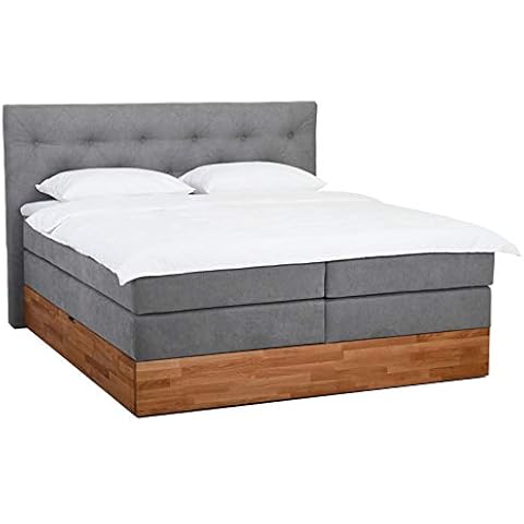 Belanoti MARBO Boxspringbett 180x200 mit Bettkasten 7-Zonen Taschenfederkern Matratze inklusive Visco Topper Bett 180x200 Eiche in der Farbe Hellgrau H2/H3 Polsterbett mit Massivholz Eiche Cover