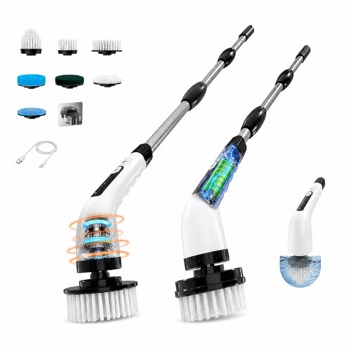 Image of Electric Spin Scrubber, Cordless Cleaning Brush with 7 Replaceable Heads Brush, Power Scrubber with 12 & 54in Extendable Handle, 2 Speed 400RPM Shower Scrubber for Bathroom, Tub, Tile, Floor, Car