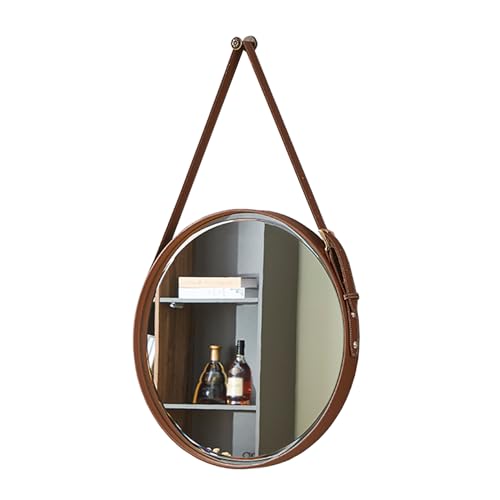 Wall Mirror with Brown Leather Strap - Round for Living Room, Bedroom, Hallway, Entryway