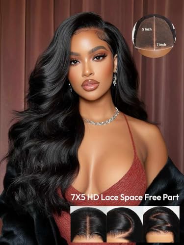 Image of Beauty Forever 7x5 Bye Bye Knots Put on and Go Glueless Wig Pre Cut 3D Body Wave Lace Front Wig Human Hair with Bleached Knots Pre Plucked Wigs for Beginner 150% Density Natural Color 22 Inch