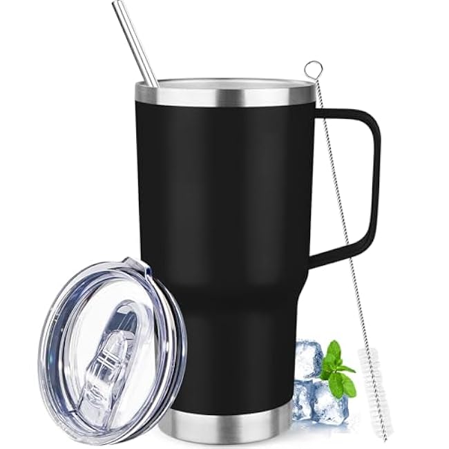 20 oz Tumbler with Handle Stainless Steel Insulated Coffee Mug Tumbler with Lid and Straw Double Wall Vacuum Insulated Coffee Mug Leak Proof Travel Mug Tumbler for Hot and Cold Drink (Black,1pack)