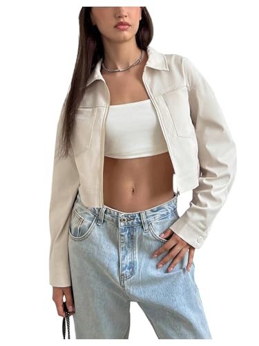 SHENHE Women's Zip Up Cropped Jacket Lightweight Collared Fall Spring Jacket with Pockets