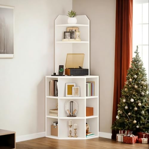 YITAHOME Corner Shelf with USB Ports & Outlets, Modern Corner Storage Cabinet Rack Charging Station, Wooden Display Bookshelf Bookcase for Living Room, Bedroom, Dining Room, Kitchen, White