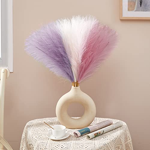 Image of Serwalin Faux Pampas Grass Pink Purple Decor 17 Inch 6pcs, Small Vase Filler Artificial Pampas Grass Arrangements, Boho Bathroom Living Room Wedding Home Pompous Flowers Party Decoration