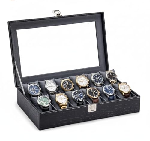 Image of Luxury 12-Slot Watch Display Case Organizer Box with Glass Viewing Lid, Premium PU Leather Exterior, Removable Velvet Cushion Pillows and Secure Metal Latch Lock for Men and Women