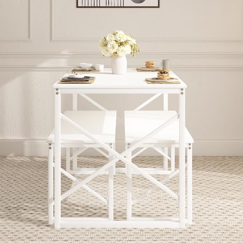 Image of VECELO 43.3 inch Kitchen Dining Table Set for 4, Heavy-Duty Steel Frame & Wood-Grain Tabletop, Space-Saving Dinette Sets with 2 Benches for Breakfast Nook and Small Space, White
