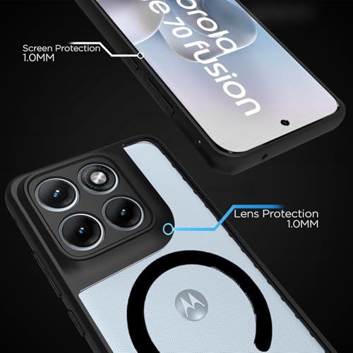 Image of RIGGEAR Shockproof Sleek Hybrid Armor Magnetic Back Cover Case Compatible with MagSafe Accessories for Motorola Moto Edge 70 Fusion 5G (Clear PC + Black TPU Bumper)