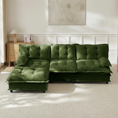 Image of 107 inch L-Shaped Sectional Couches for Living Room, Green 3 Seater Modern Chenille Deep Seat Sofa Set, Salas para Casa, High Back Cloud Couch Modular Sectional Sets with Ottoman