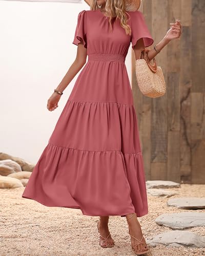 Image of PRETTYGARDEN Women's Casual Smocked Boho Floral A-Line Maxi Dress 2026 | Summer Short Flutter Sleeve Crewneck Tiered Long Sundress,Fall Wedding Guest Dresses,Spring Cute Flowy Beach Vacation Clothes