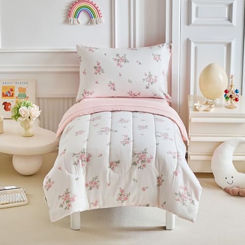 Image of Joyreap 4 Piece Toddler Bedding Set- Floral Pink n White Design, Microfiber Toddler Bedding Comforter Set for Girls