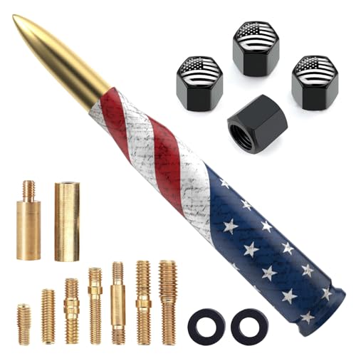 Car Truck Antenna with Valve Stem Caps - American Flag Design, Universal Vehicle Short Antenna Replacement for Ford F150 F250 F350 Super Duty Raptor Dodge RAM GM Chevy Silverado 1500 2500 3500, Gold