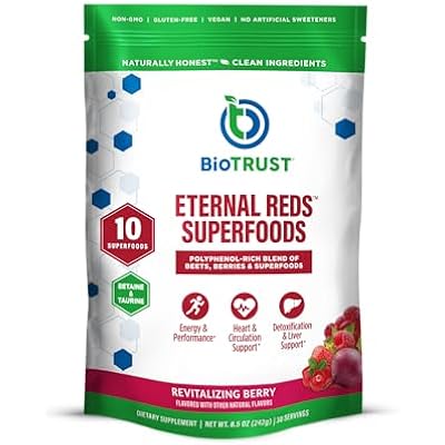 BioTrust Eternal Reds, Red Superfoods Powder, Support for Heart Health and Circulation, Energy, Stamina, No Added Sugar or Caffeine, Naturally Flavored and Sweetened, Berry Flavor (30 Servings)