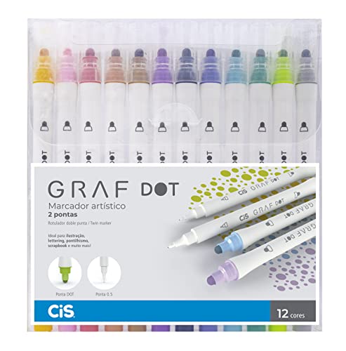 CIS, GRAF Dot, 52.7445, Marcador Graf Soft Dot, Ponta Dupla (Dot e 0.5mm), Estojo com 12 cores, Mult