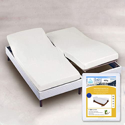 Alpes Blanc   Protector de colchón de 2 x 90 x 200 cm, especial cama cabeza y patas elevables, algodón, 400 g/m², protector para cama eléctrica articulada, forma sábana bajera – Gorro de 30 cm