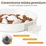 PETTOM Miska dla kota z powolnym karmieniem ceramiczna z bambusowym stojakiem, podwyższona krawędź odporna na rozlanie miski dla kotów do wolnego jedzenia dla mokrego pokarmu/suszonego pokarmu (Biały)