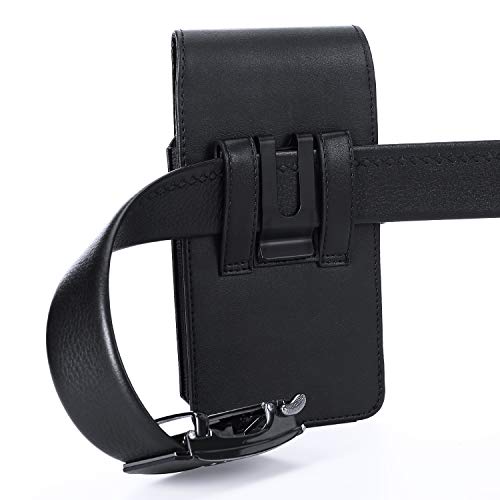 Image of BECPLT Leather Holster Belt Case for iPhone 16 Pro /15 /14 /13 /12 /11 Pro & Galaxy S25 /S24 /S23 /S22 /S21 /S20 - Slim Hard Case with Clip /Loops - Black