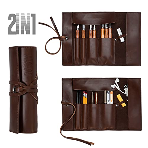Echsrt Leather Pencil Case Roll Up Bag Pencil Pouch Wrap Foldable Tool Roll Supplies Art Stuff Organizer Vintage Gift For Office Artist Adults, Brown #TOP3