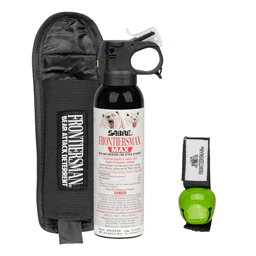 SABRE Frontiersman MAX Bear Spray Kit – 7.9 oz Bear & Mountain Lion Deterrent, Belt Holster, Bell, 40 ft Range, 2% Capsaicinoids, Glow Safety, Eco-Friendly, Hiking, Camping