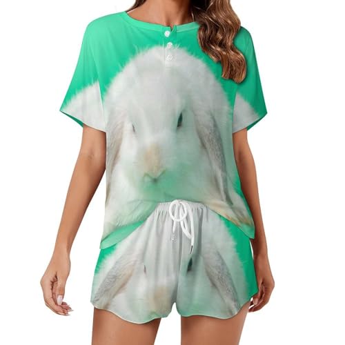 Pyjama court femme motif lapin mignon idéal pour cocooning d'été