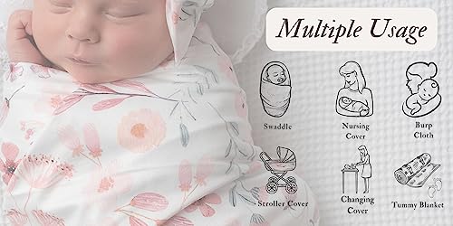 Image of Newborn Floral Print Blanket Baby Stretch Wrap Swaddle Receiving Blanket with Matching Headband and Beanie (Small Flower and Leaf)