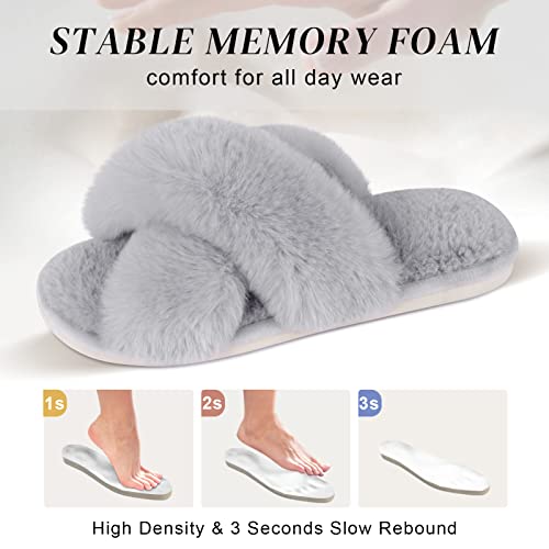 Women's Cross Band Slippers Fuzzy Soft House Slippers Plush Furry Warm Cozy Open Toe Fluffy Home Shoes Comfy Indoor Outdoor Slip On Breathable Grey 5-6 #TOP2