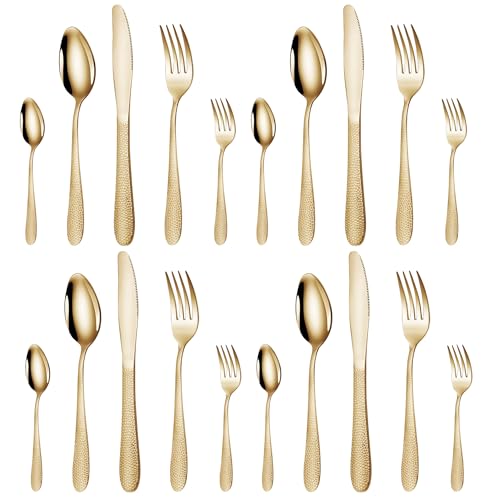 Image of aDai Hammered Aurum Gold Silverware Set | 20-Piece Premium Stainless Steel Flatware Set | Dishwasher Safe Cutlery Set for Home, Restaurant & Gifting