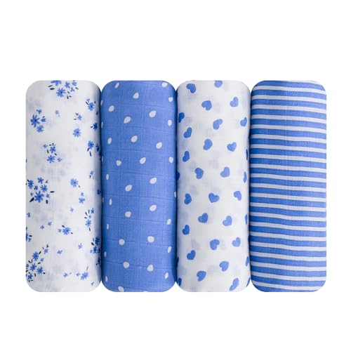 Image of Viviland Muslin Swaddle Blanket, Baby Swaddle Blanket for Boys & Girls, Nursery Receiving Blanket for Newborn, Baby Swaddle Wrap Soft Silky & Breathable, 4 Packs, 47 X 47In, Blue Floral